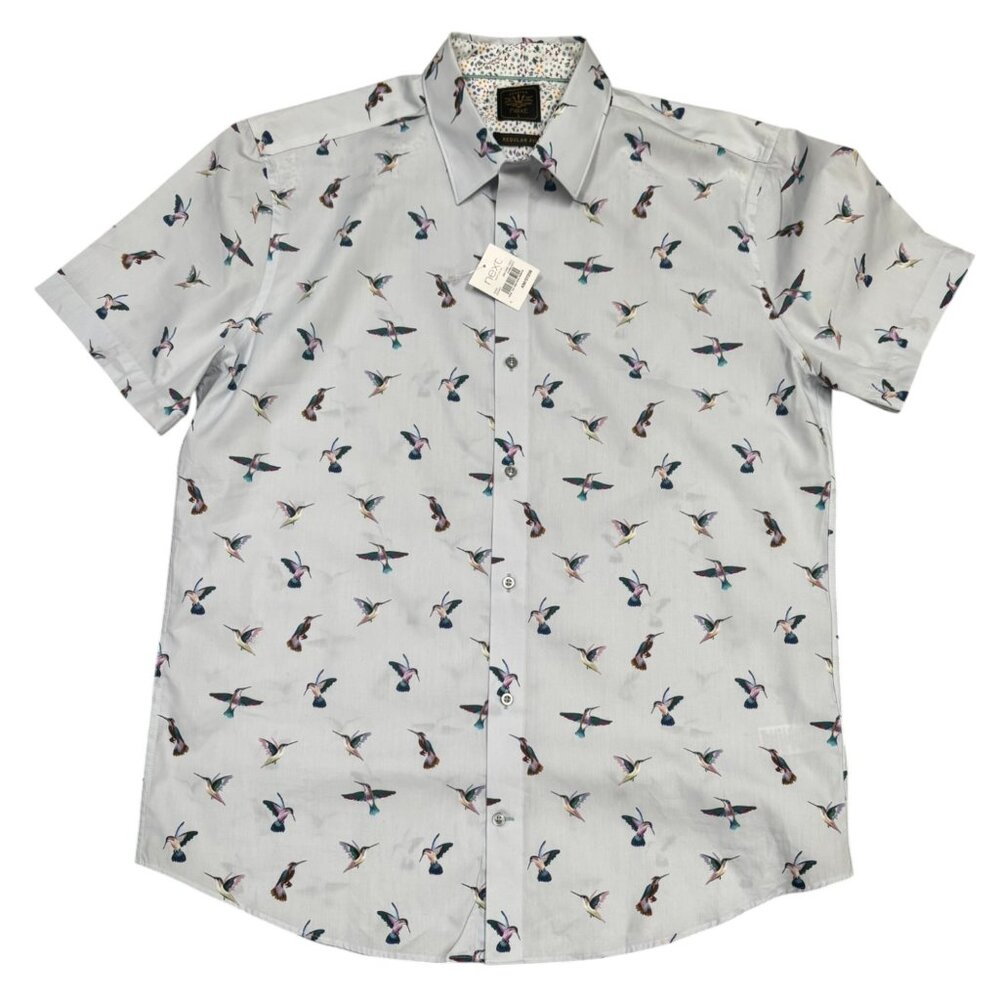 Next Multi Color bee hummingbird On Light Blyue Short Sleeve men Shirt size L
